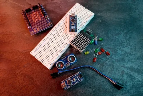 electronics components breadboard box jumper wires symbolizing diy projects circuit building electronic prototyping 370803122